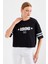 Kadın BDART Oversize Yuvarlak Yaka Kısa Tişört, Motto Baskılı Siyah 4