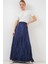 Kadın BDART Beli Lastikli Dokulu Saten Maxi Etek Lacivert 1