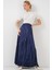 Kadın BDART Beli Lastikli Dokulu Saten Maxi Etek Lacivert 3