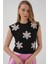Kadın BDART Çiçek Desenli Nakışlı Ribana Crop Top Siyah 1