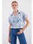 Kadın BDART Çiçek Desenli Kısa Kol Düğmeli Gömlek Koyu Mavi Denim 7