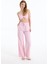 Beli Lastikli Ince Çizgili Geniş Paça Pantolon Pembe 3