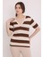 Kadın BDART Çizgili V Yaka Fitilli Bluz Kestane Kahvesi 3