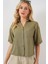 Kadın BDART Keten Karışımlı Kısa Kol Düğmeli Crop Gömlek Green 4