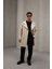 Krem Renk Yarım Oversize Rahat Kesim Uzun Erkek Kaşe Kaban Palto 5
