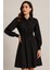 Kadın Siyah Uzun Kollu Bel Lastikli Düğmeli Elbise 2