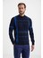 Çizgi Desenli Yarım Balıkçı Yaka Lacivert Merino Yün Triko 1
