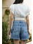 Sakura Nakışlı Indigo Denim Şort 4