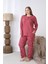 Kadın Kışlık Büyük Beden Curve Nakışlı Desenli Yakası Düğmeli Uzun Kollu Pijama Takımı 1
