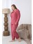 Kadın Kışlık Büyük Beden Curve Nakışlı Desenli Yakası Düğmeli Uzun Kollu Pijama Takımı 4