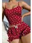 Pamuklu Kırmızı Üstüne Beyaz Kalp Desen Fitilli Askılı Şortlu Pijama Takımı 2