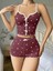 Pamuklu Kahverengi Üstüne Beyaz Kalp Desen Fitilli Askılı Şortlu Pijama Takımı 2