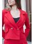 Kadın Hafif Esnek Kumaş Yakalı Cep Kapaklı Uzun Kol Düğmeli Blazer Ceket-Kırmızı 3