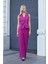 Kadın Yüksek Bel Yan Cepli Bol Paça Rahat Kesim Palazzo Kumaş Pantolon-Magenta 2