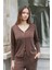 Kadın Esnek Ipeksi Modal Kumaş V Yaka Uzun Kol Düğmeli Ceket-Kahve 1