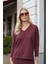 Kadın Simli Kaşkorse V Yaka Düşük Omuzlu Uzun Kol Yırtmaçlı Bluz -Bordo 5
