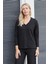 Kadın Simli Kaşkorse V Yaka Düşük Omuzlu Uzun Kol Yırtmaçlı Bluz -Siyah 1