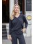 Kadın Simli Kaşkorse V Yaka Düşük Omuzlu Uzun Kol Yırtmaçlı Bluz -Lacivert 4