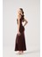Balıkçı Yaka Yırtmaçlı Uzun Valentina Elbise Kahve 2