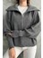 Antrasit Devrik Yaka Fermuarlı Triko Hırka 1