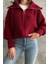 Bordo Devrik Yaka Fermuarlı Triko Hırka 1
