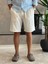 Erkek Beli Bağcıklı Relaxed Fit Keten Şort Krem ECA027 2