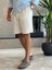 Erkek Beli Bağcıklı Relaxed Fit Keten Şort Krem ECA027 4