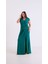 Kadın Zümrüt Yeşili Kruvaze Yaka Boncuklu Büyük Beden Uzun Abiye Elbise 2