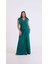 Kadın Zümrüt Yeşili Kruvaze Yaka Boncuklu Büyük Beden Uzun Abiye Elbise 3