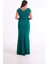 Kadın Zümrüt Yeşili Kruvaze Yaka Boncuklu Büyük Beden Uzun Abiye Elbise 5