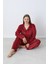 Kadın Kışlık Önden Düğmeli Kareli Kadife Battal Pijama Takımı Kırmızı 5