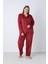 Kadın Kışlık Önden Düğmeli Kareli Kadife Battal Pijama Takımı Kırmızı 8