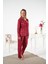 Kadın Kışlık Önden Düğmeli Kareli Kadife Pijama Takımı Kırmızı 3