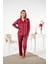 Kadın Kışlık Önden Düğmeli Kareli Kadife Pijama Takımı Kırmızı 5