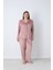 Kadın Kışlık Önden Düğmeli Puantiyeli Kadife Battal Pijama Takımı Pudra 2