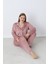 Kadın Kışlık Önden Düğmeli Puantiyeli Kadife Battal Pijama Takımı Pudra 4