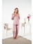 Kadın Kışlık Önden Düğmeli Puantiyeli Kadife Pijama Takımı Pudra 4