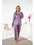 Kadın Kışlık Önden Düğmeli Yıldız Desenli Kadife Pijama Takımı Mor 2