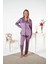 Kadın Kışlık Önden Düğmeli Yıldız Desenli Kadife Pijama Takımı Mor 4