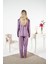 Kadın Kışlık Önden Düğmeli Yıldız Desenli Kadife Pijama Takımı Mor 7