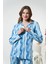 Kadın Kışlık Önden Düğmeli Desenli Penye Lycra Pijama Takımı Mavi 2