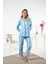 Kadın Kışlık Önden Düğmeli Desenli Penye Lycra Pijama Takımı Mavi 5