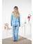 Kadın Kışlık Önden Düğmeli Desenli Penye Lycra Pijama Takımı Mavi 7
