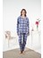 Kadın Kışlık Önden Düğmeli Kareli Penye Lycra Pijama Takımı Mavi 1