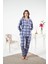 Kadın Kışlık Önden Düğmeli Kareli Penye Lycra Pijama Takımı Mavi 2