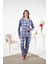 Kadın Kışlık Önden Düğmeli Kareli Penye Lycra Pijama Takımı Mavi 4