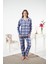 Kadın Kışlık Önden Düğmeli Kareli Penye Lycra Pijama Takımı Mavi 5