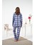 Kadın Kışlık Önden Düğmeli Kareli Penye Lycra Pijama Takımı Mavi 7