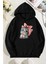 Kadın Sevimli Kedi Baskılı Kapüşonlu Gri Siyah Sweatshirt Oversize Salaş 6