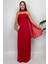 Lilina Straplez Fiyonk Detaylı Şal Aksesuarlı Uzun Kırmızı Abiye Elbise 1